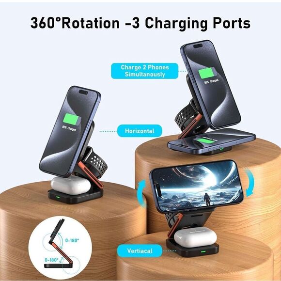 Foldable 3-in-1 Magnetic Wireless Charging Station Black With Carrying Case - Picture 7 of 12